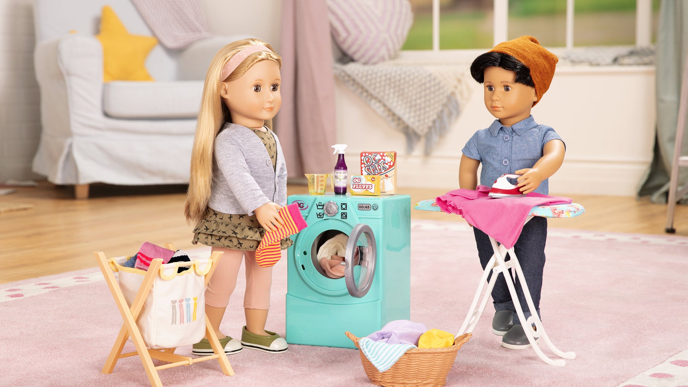 Boy Doll Ironing clothes and Girl Doll Doing Laundry