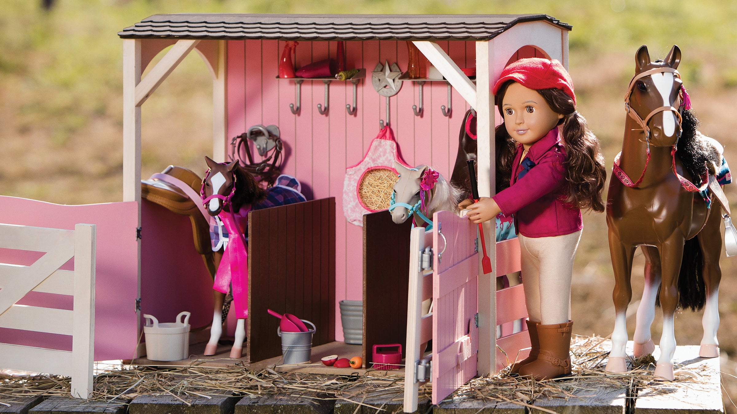 Doll in Horse Riding Outfit, with a Toy Horse and Stable Playset