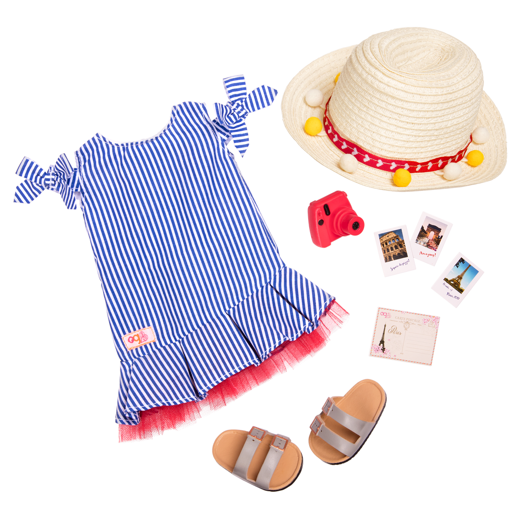 Tourist outfit with polaroid camera and pictures for 18-inch doll