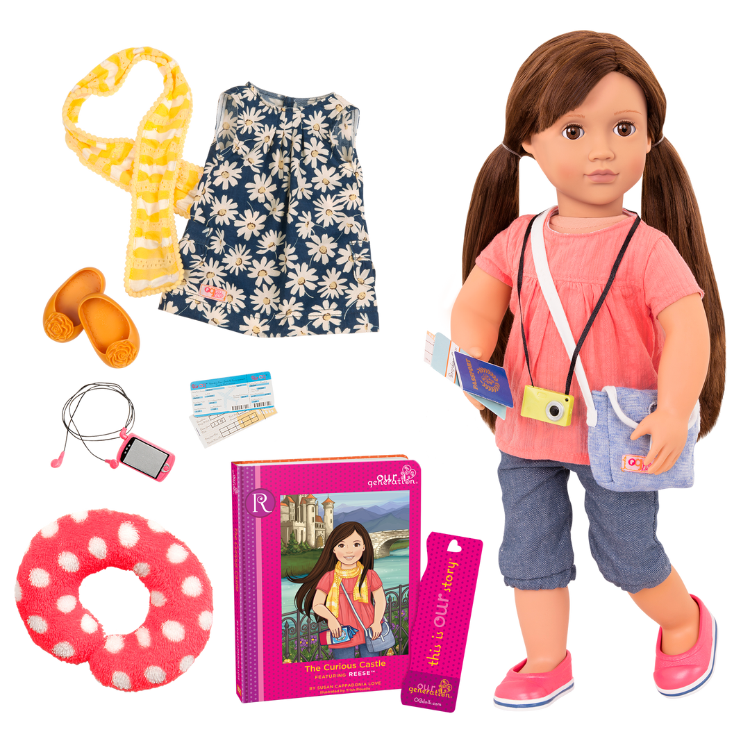 18-inch doll with brown hair, brown eyes, travel accessories and storybook