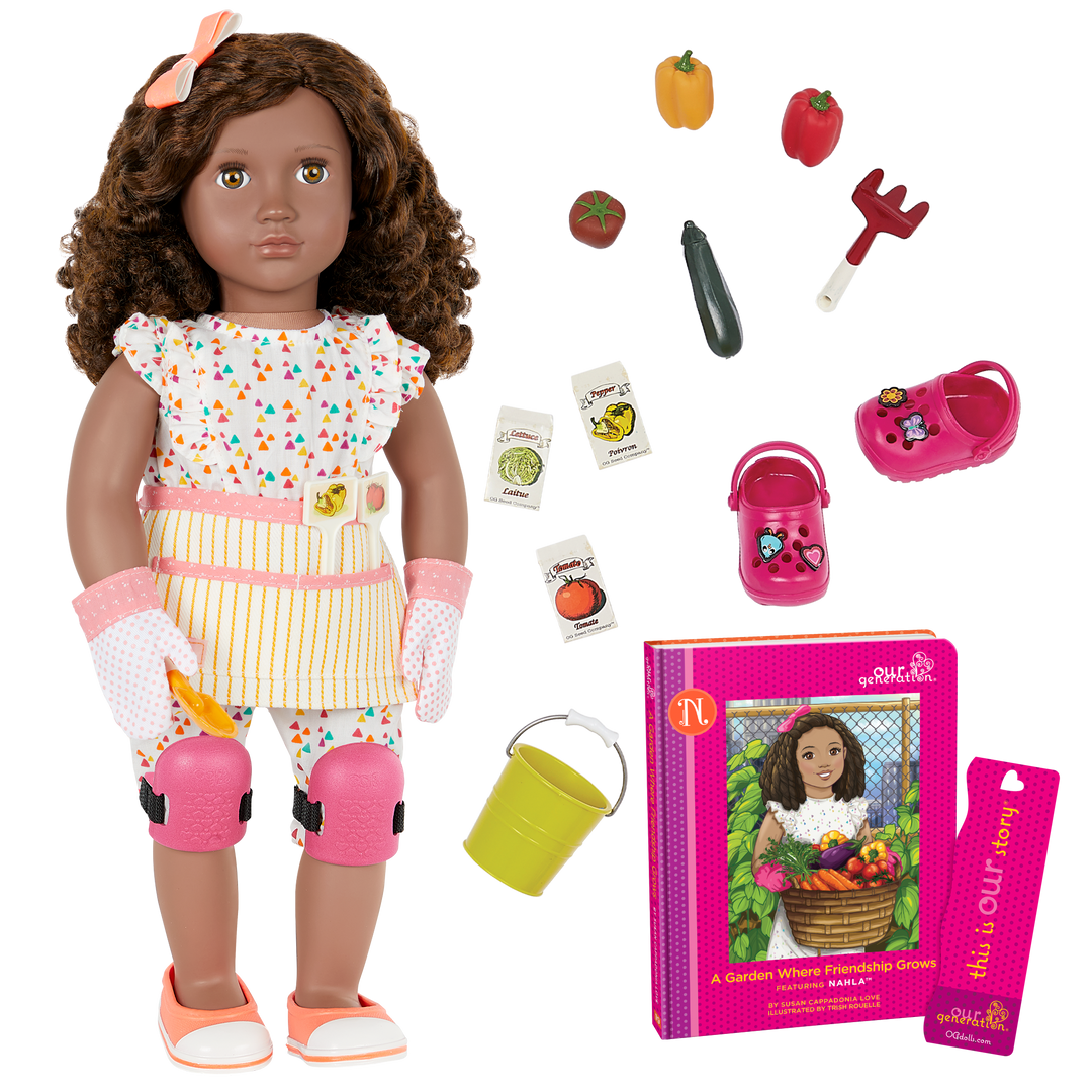 18-inch doll with brown hair, hazel eyes, gardening accessories and storybook