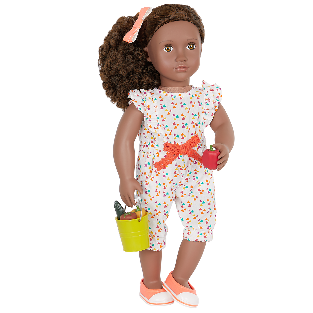 18-inch doll with brown hair, hazel eyes, gardening accessories and storybook