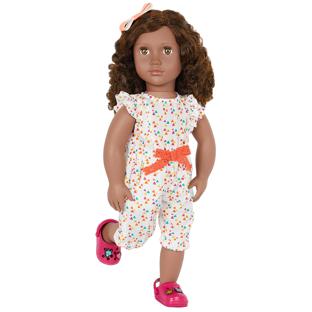 18-inch doll with brown hair, hazel eyes, gardening accessories and storybook