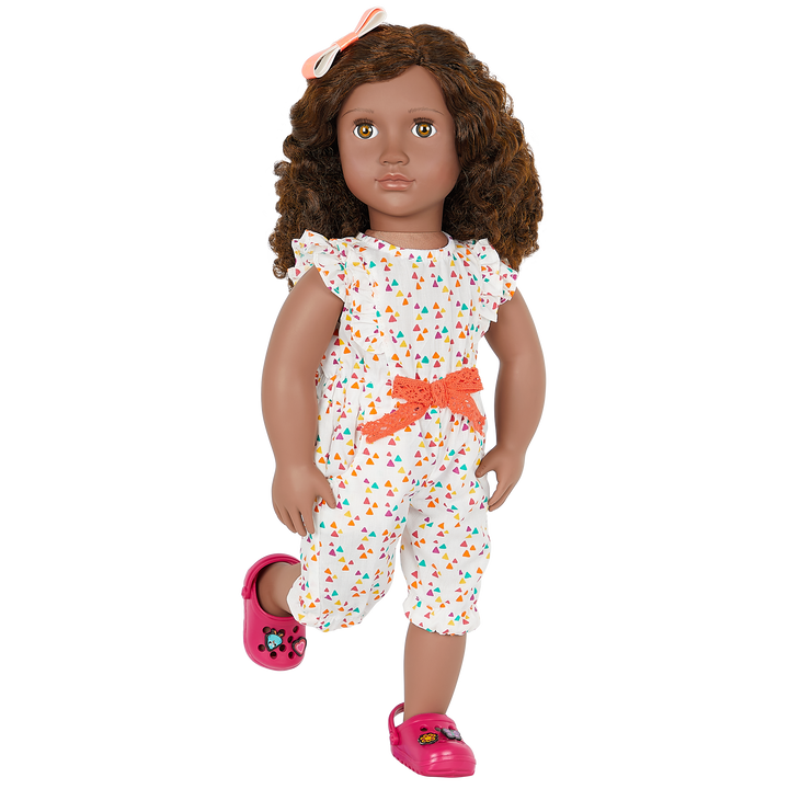 18-inch doll with brown hair, hazel eyes, gardening accessories and storybook