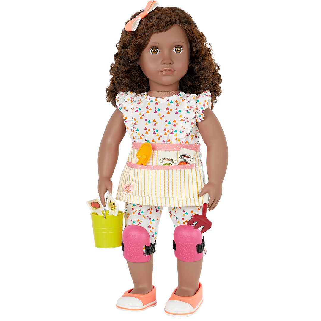 18-inch doll with brown hair, hazel eyes, gardening accessories and storybook