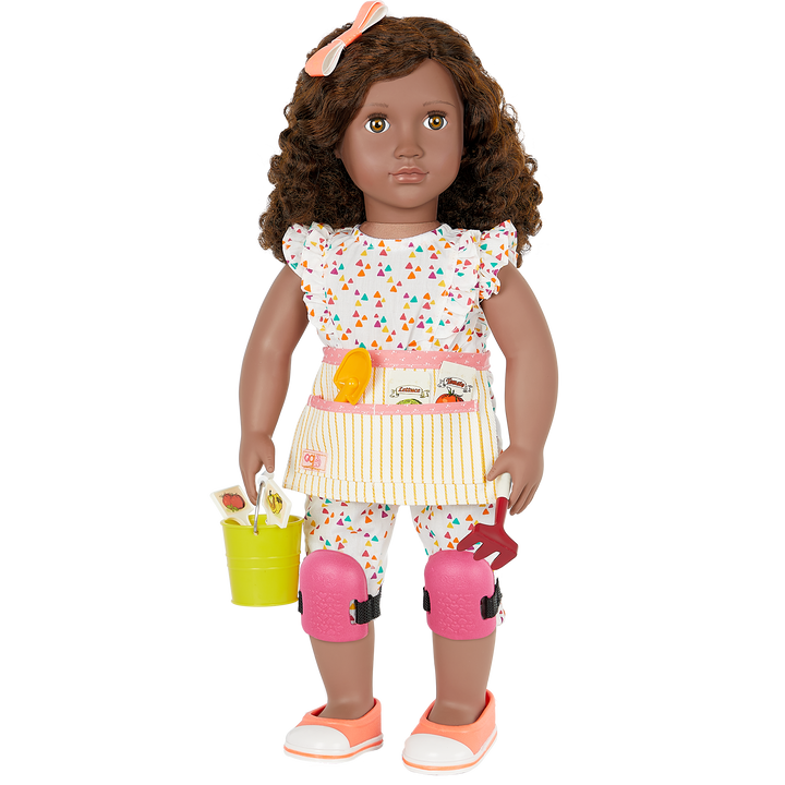 18-inch doll with brown hair, hazel eyes, gardening accessories and storybook