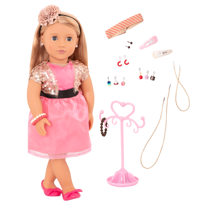 46 cm doll with blonde hair, gray eyes, jewelry and stand