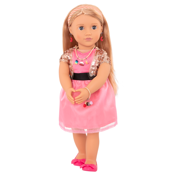 46 cm doll with blonde hair, gray eyes, jewelry and stand