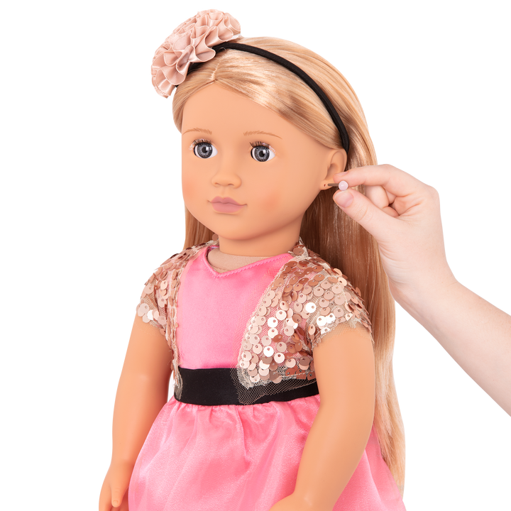 46 cm doll with blonde hair, gray eyes, jewelry and stand