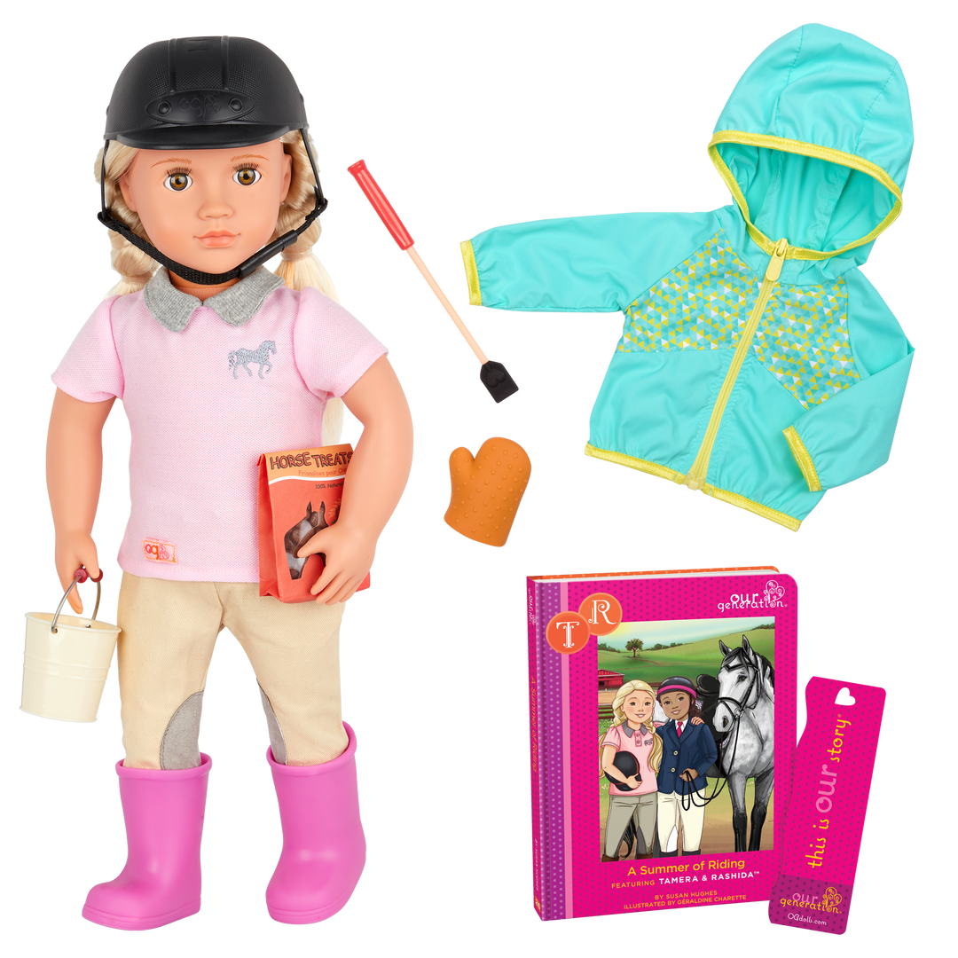 18-inch doll with blonde hair, light brown eyes, equestrian accessories and storybook