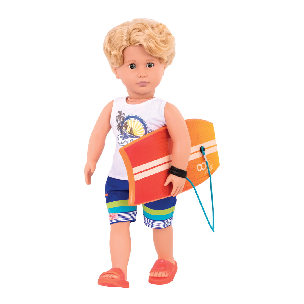 18-inch boy doll with blonde hair and green eyes holding surfboard