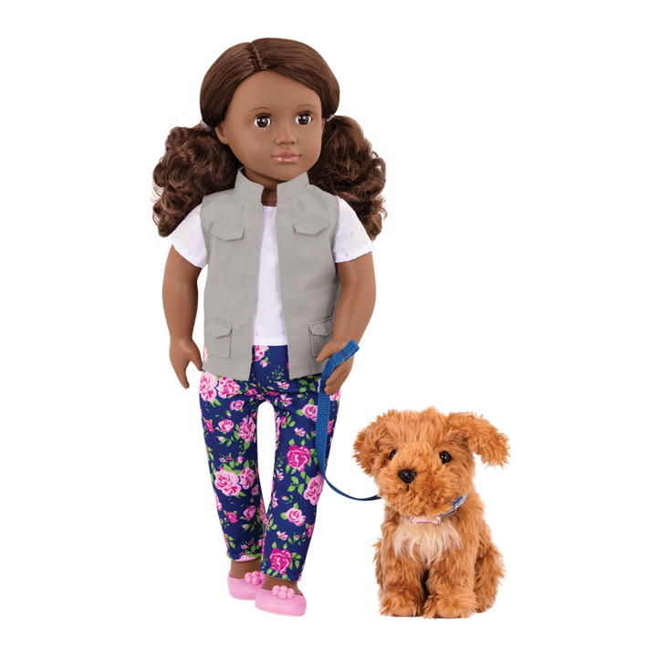46 cm doll with brown hair and brown eyes walking poodle dog plushie