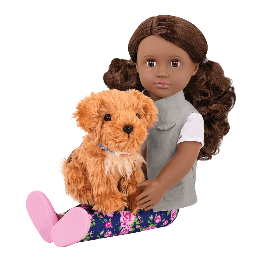 46 cm doll with brown hair and brown eyes walking poodle dog plushie