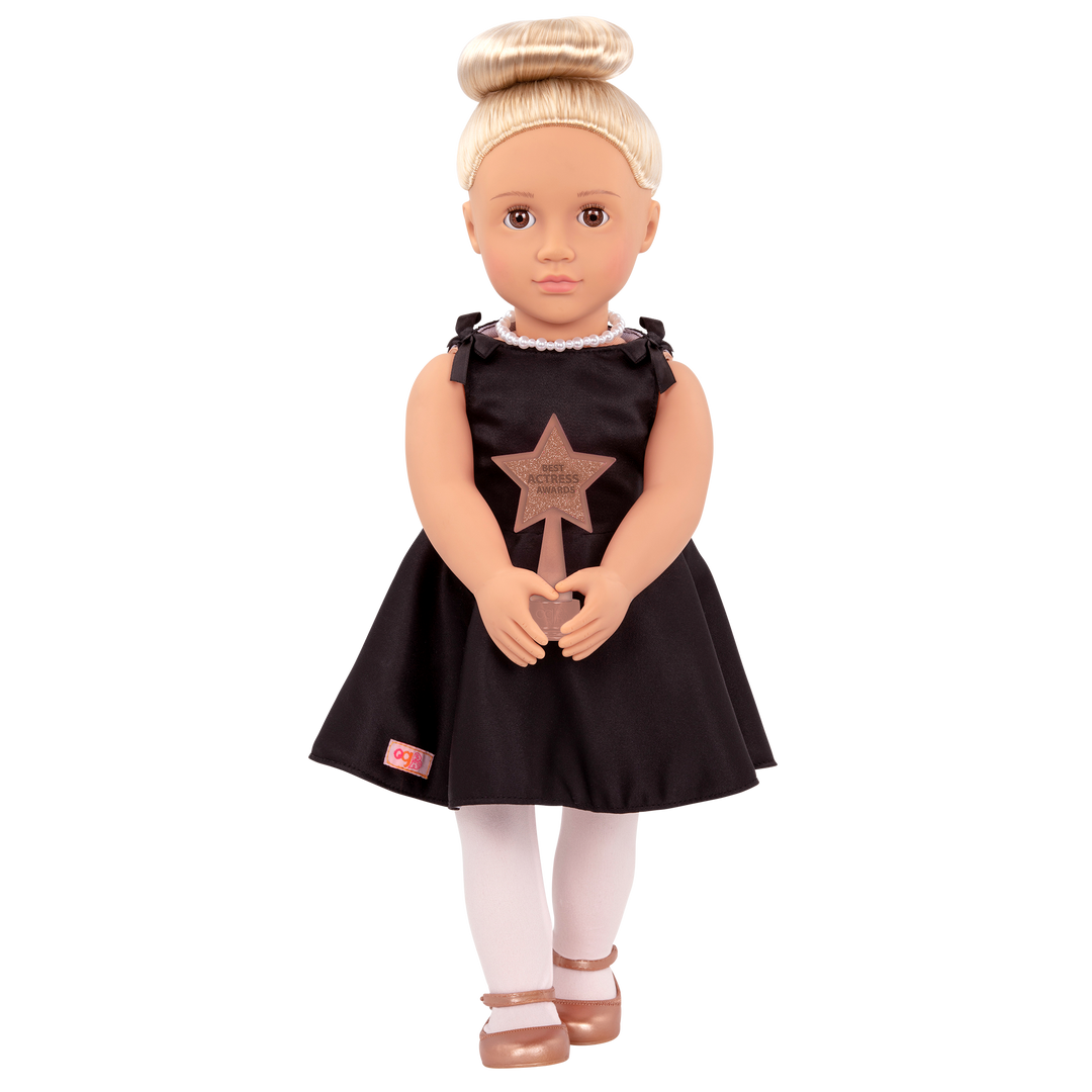 18-inch actress doll with blonde hair and hazel eyes holding award