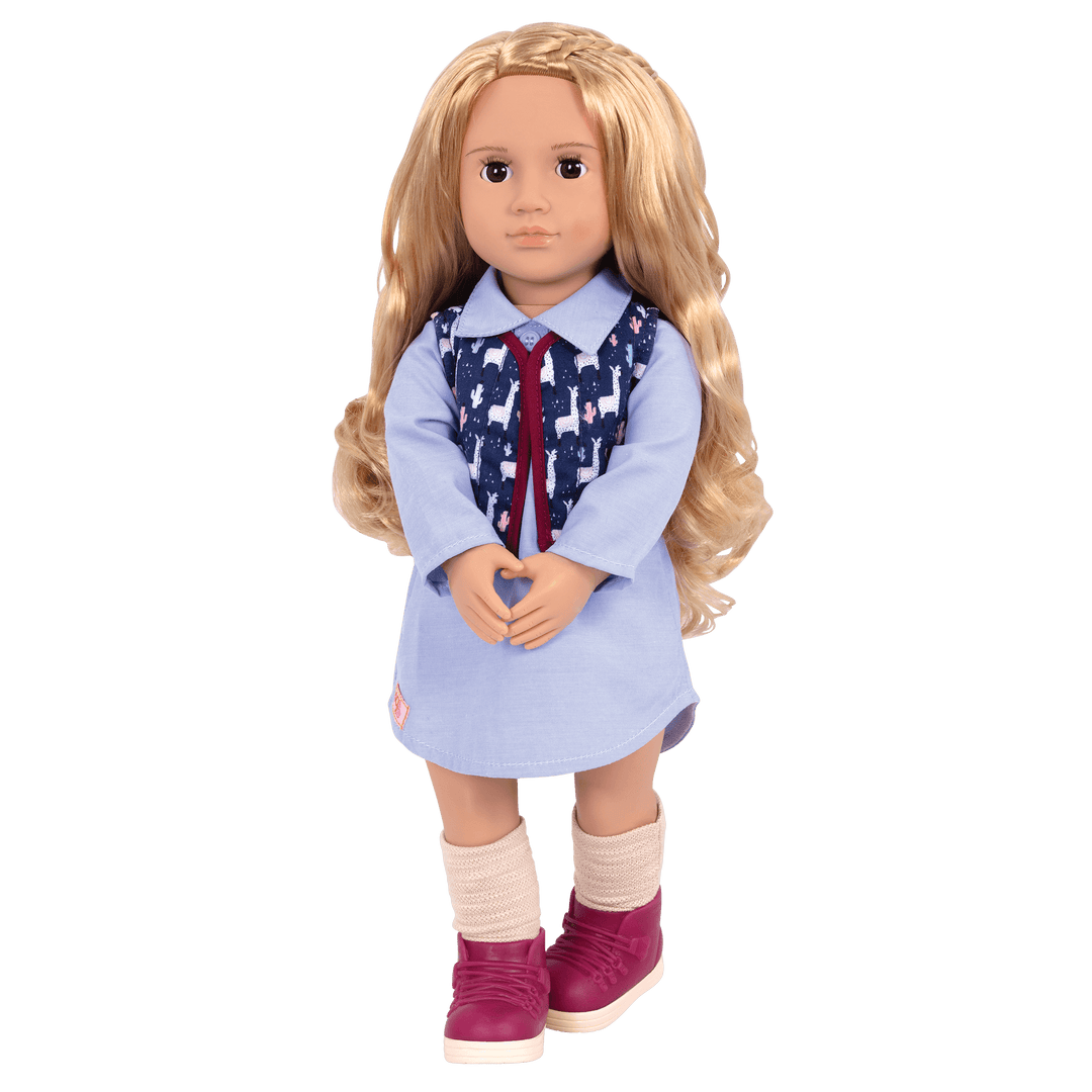18-inch doll with blonde hair and dark brown eyes