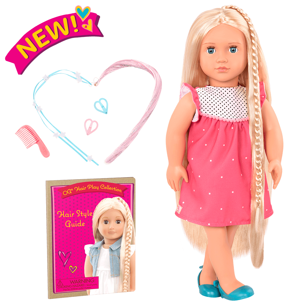 18-inch doll with blonde hair, blue eyes and extensions