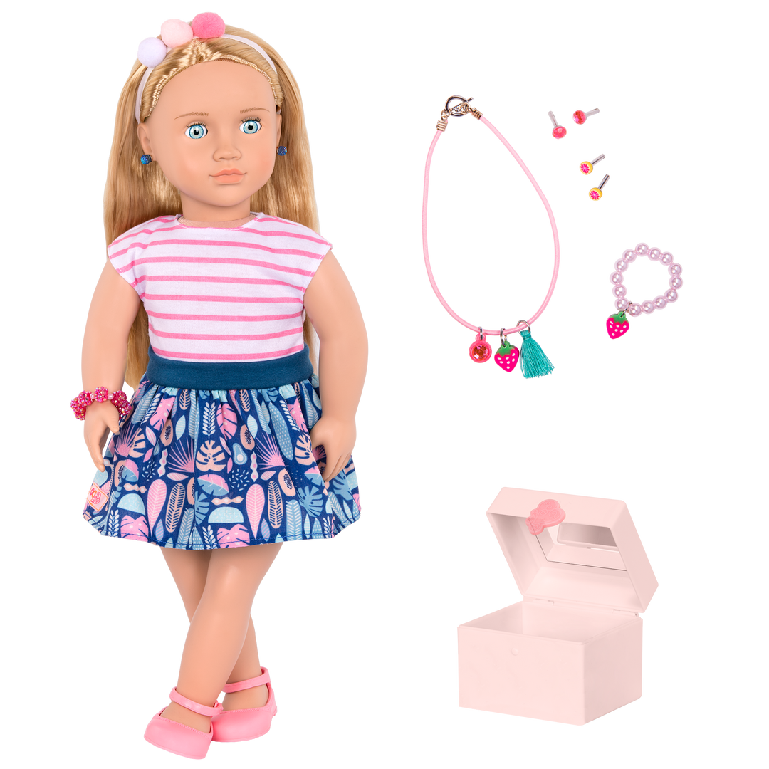 18-inch doll with blonde hair, pale blue eyes, jewelry and box