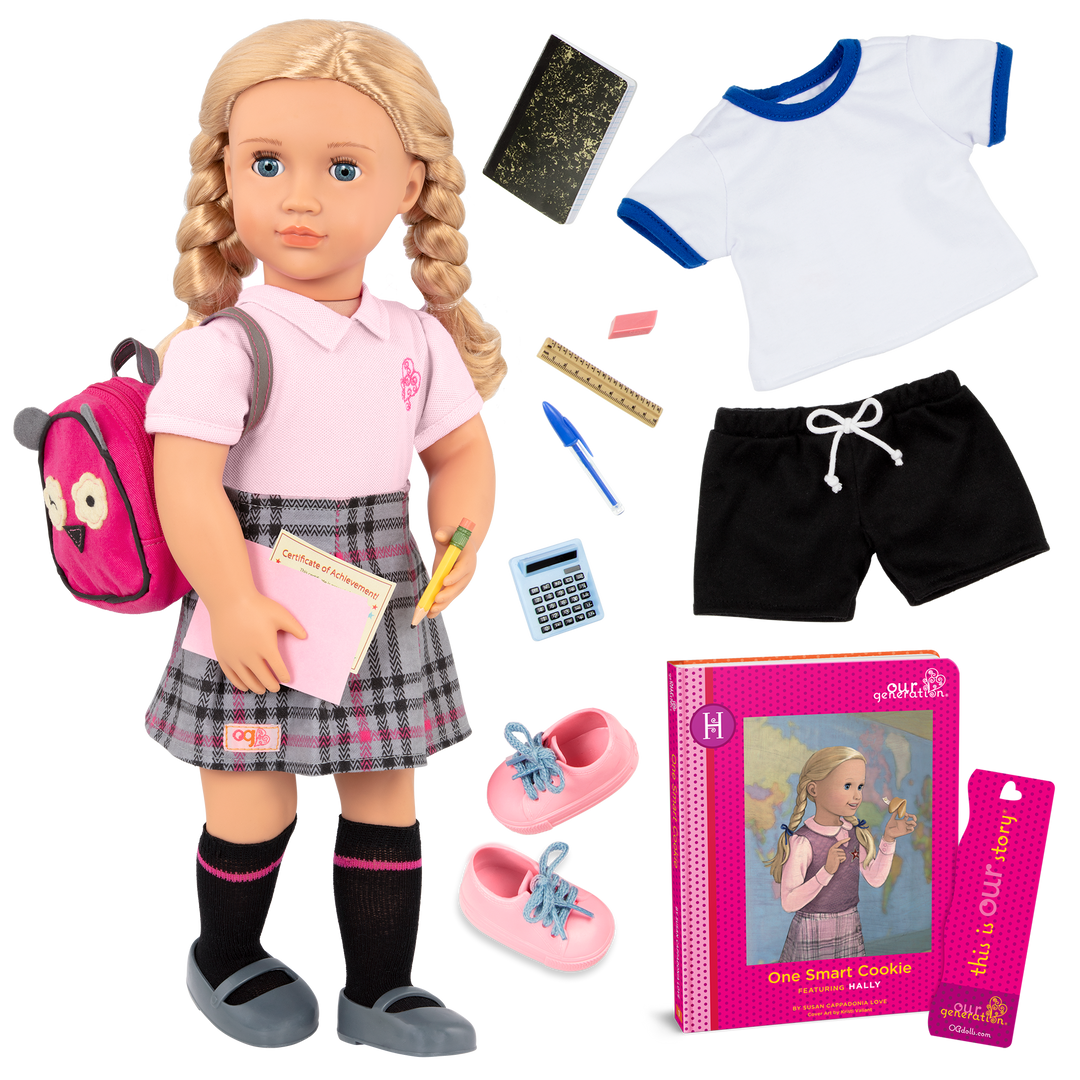 18-inch doll with blonde hair, blue eyes, school accessories and storybook