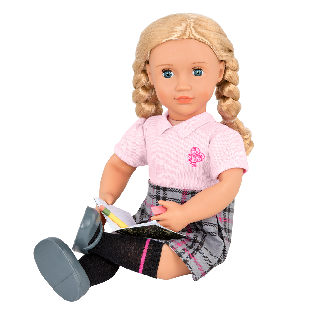 18-inch doll with blonde hair, blue eyes, school accessories and storybook