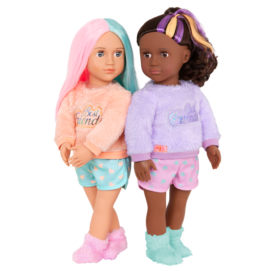 Our Generation Lumi & Isabel 18-inch Best Friend Dolls - brown haired and brown eyed doll and pink and green haired and purple eyed doll