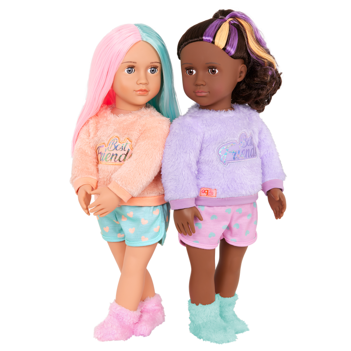 Our Generation Lumi & Isabel 18-inch Best Friend Dolls - brown haired and brown eyed doll and pink and green haired and purple eyed doll