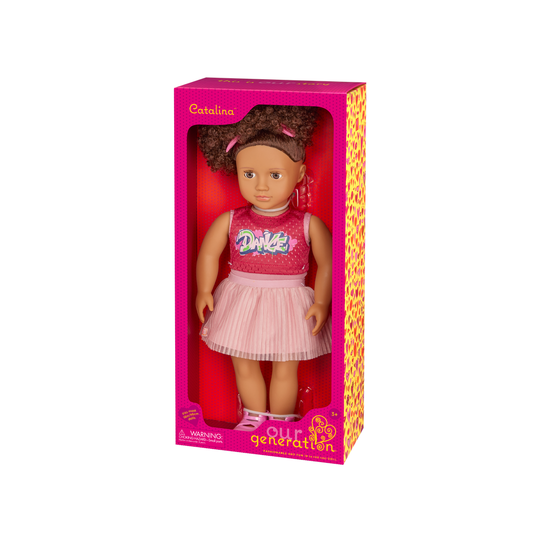 Our Generation Catalina 18-inch Doll curly brown haired and brown eyed doll with dancing active theme package