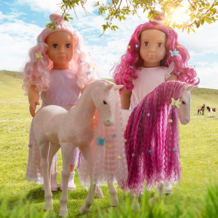 Our Generation Elara & Lumina 20-inch horse equestrian playset with a pink haired and blue eyed 18-inch doll