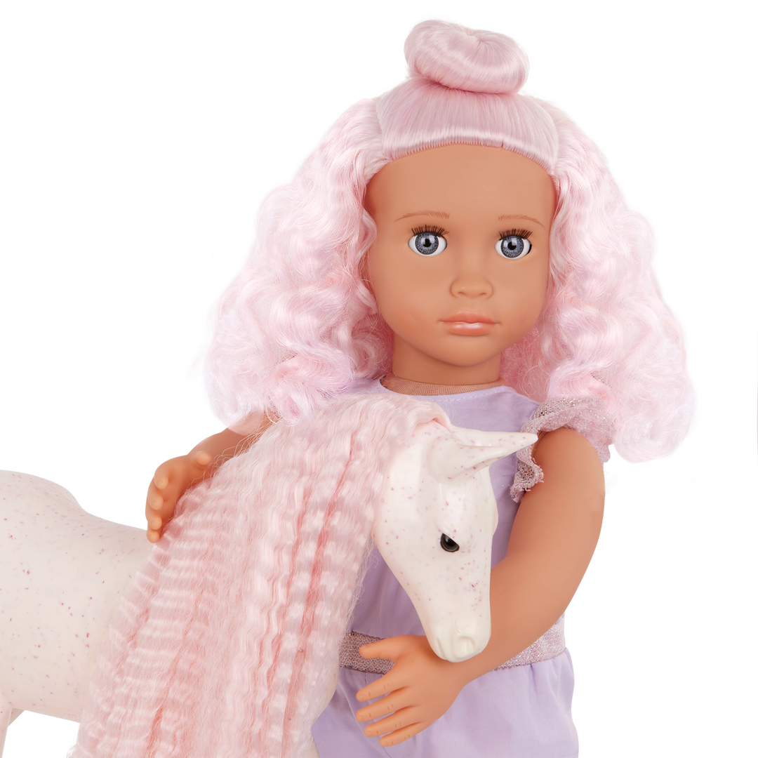 Our Generation Elara & Lumina 20-inch horse equestrian playset with a pink haired and blue eyed 18-inch doll