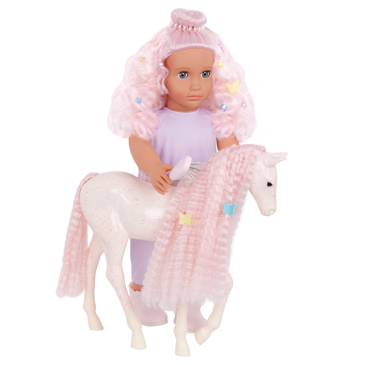 Our Generation Elara & Lumina 20-inch horse equestrian playset with a pink haired and blue eyed 18-inch doll