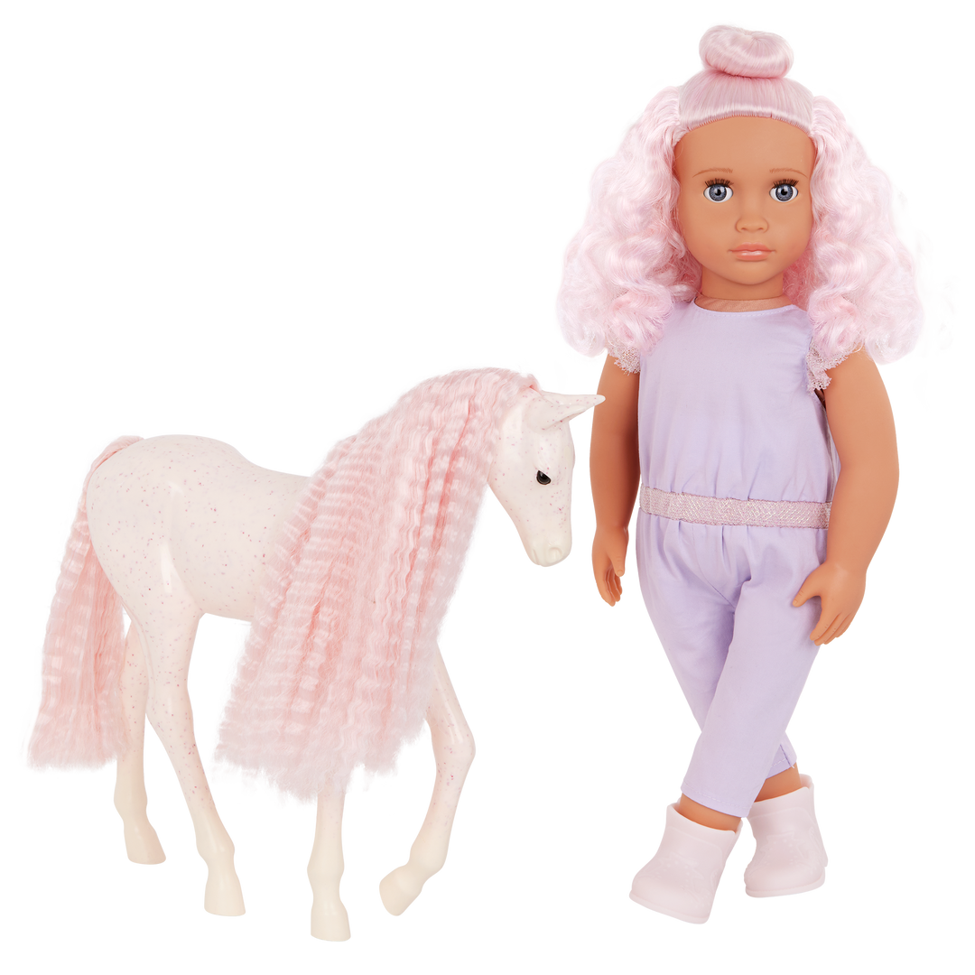 Our Generation Elara & Lumina 20-inch horse equestrian playset with a pink haired and blue eyed 18-inch doll