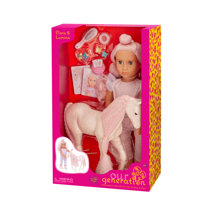 Our Generation Elara & Lumina 20-inch horse equestrian playset with a pink haired and blue eyed 18-inch doll