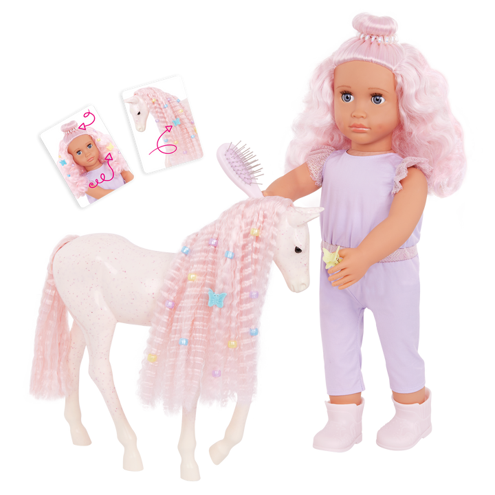 Our Generation Elara & Lumina 20-inch horse equestrian playset with a pink haired and blue eyed 18-inch doll