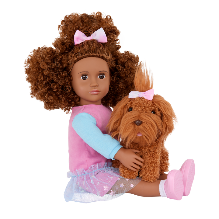 Our Generation Safie & Ginger a 18 inch doll with brown hair and brown eyes with a brown barbet pup