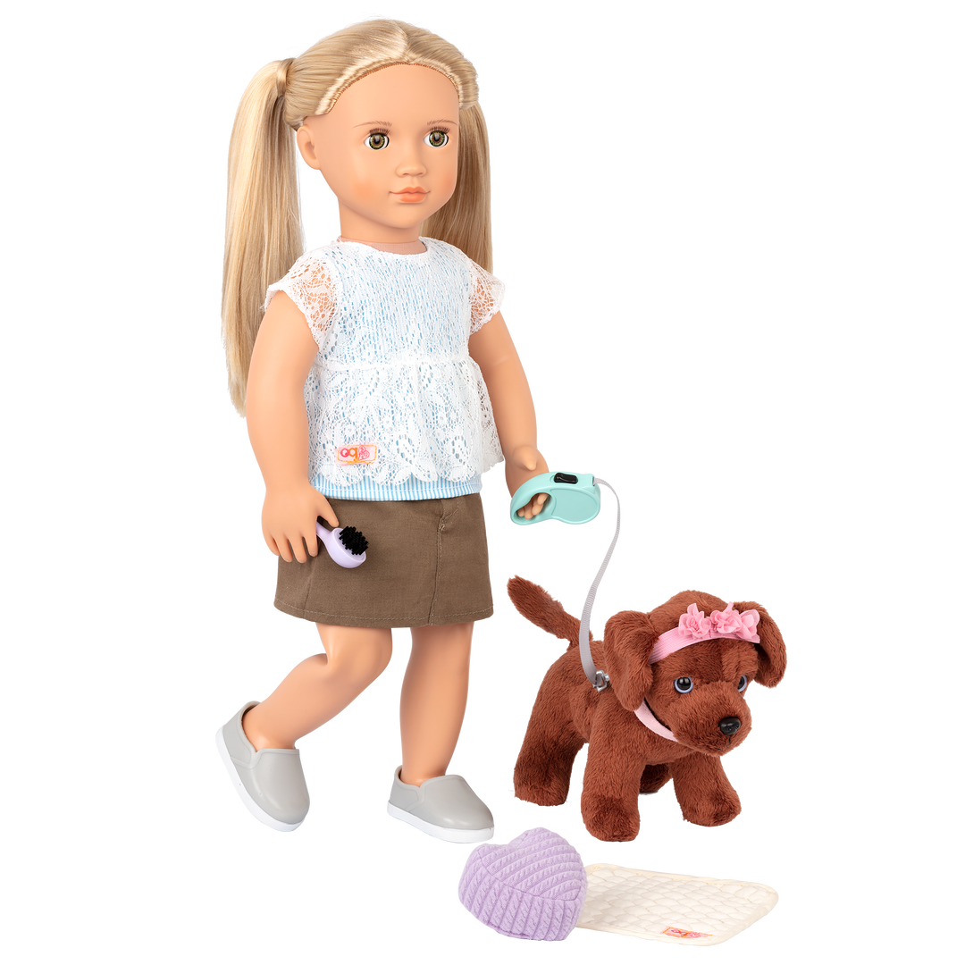 18-inch doll and dog plushie using pet care playset