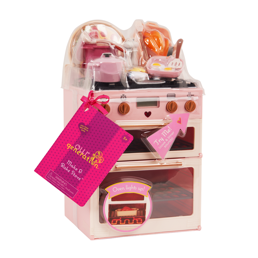 Our Generation make and bake stove cooking playset for 18 inch dolls package