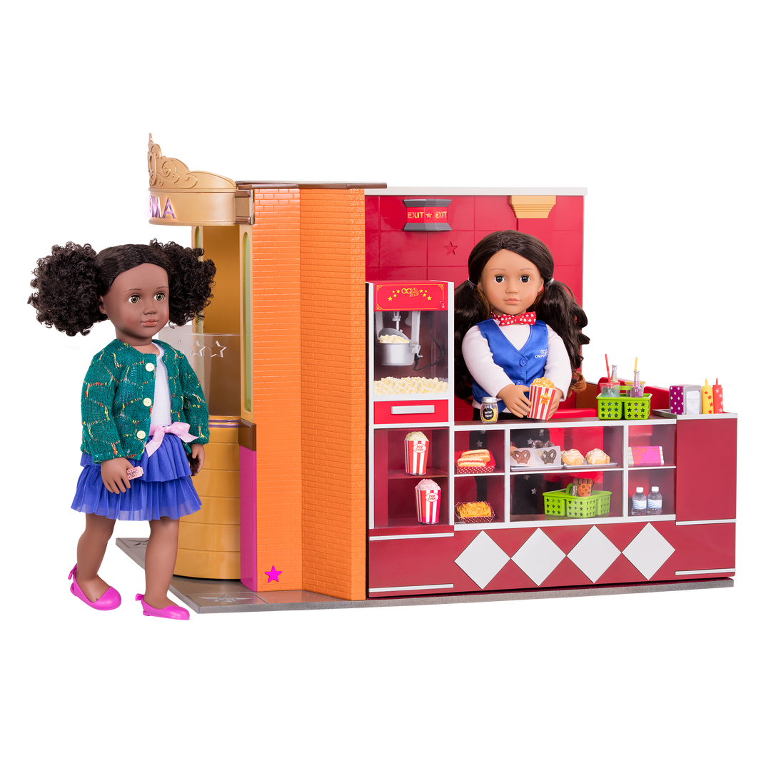 Two 18-inch dolls in movie theater playset