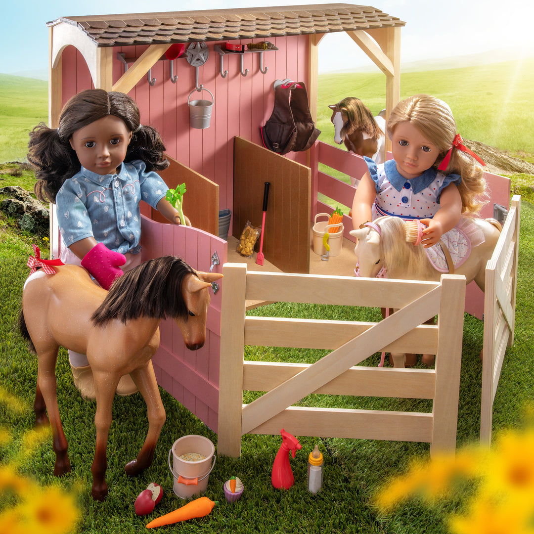 Our Generation Palomino Party Foal pony playset with 12 inch baby horse for 18 inch dolls